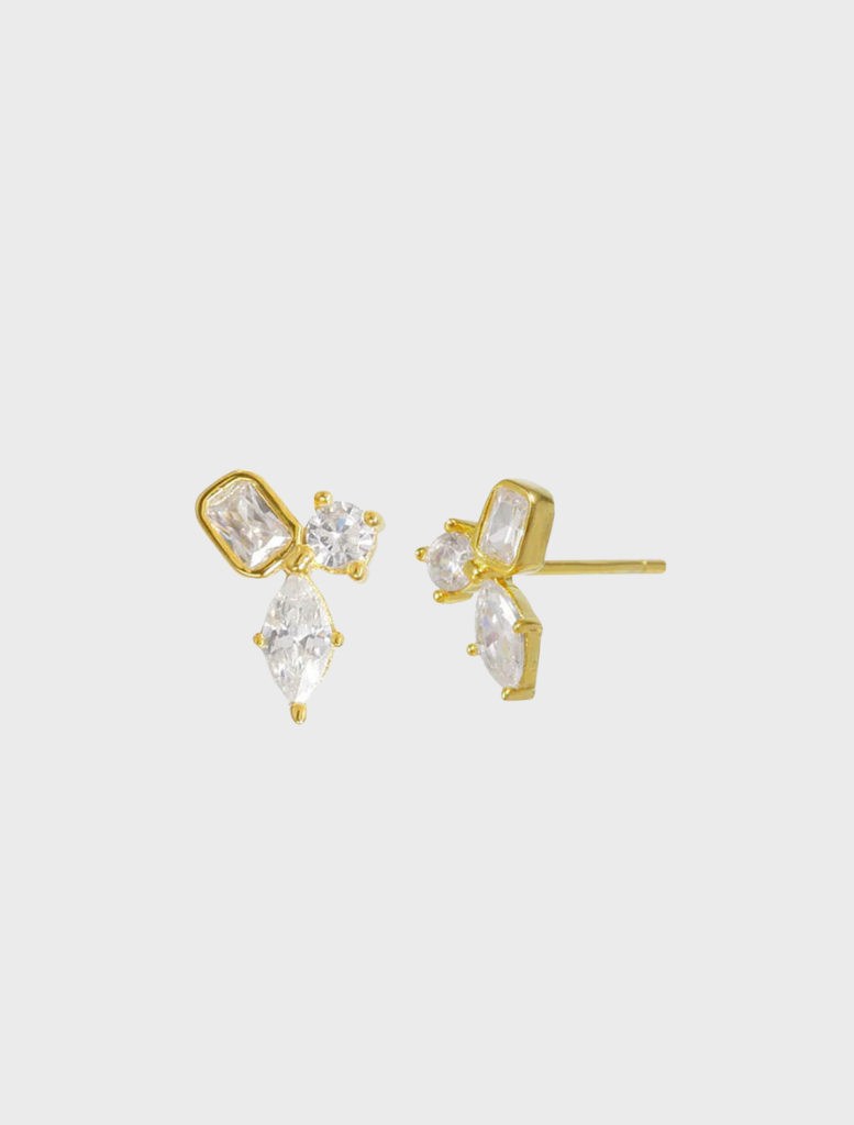Gold rosé stud earrings displayed on a white background, showcasing their elegant design and shine.