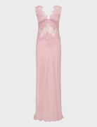 Beautiful rose-colored lace dress reaching the floor, showcasing a sophisticated style for formal celebrations.