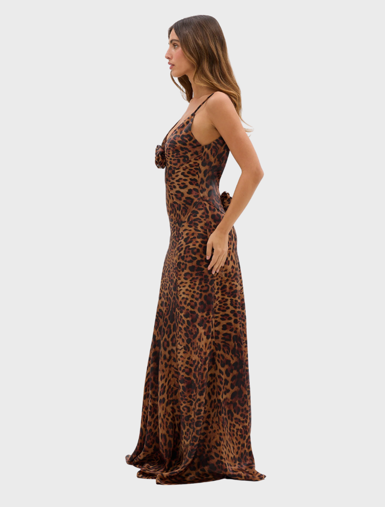 Leopard print Savannah Rosette Gown featuring a chic design, perfect for formal occasions and special events.