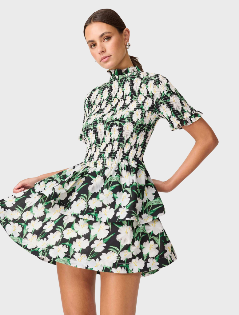A rose-patterned mini dress with short sleeves and a flared skirt, perfect for a casual summer outing.
