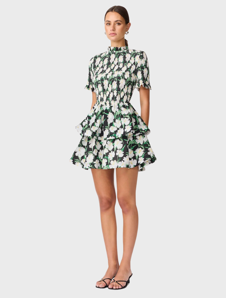 A stylish floral mini dress with short sleeves, showcasing a playful design ideal for warm weather occasions.