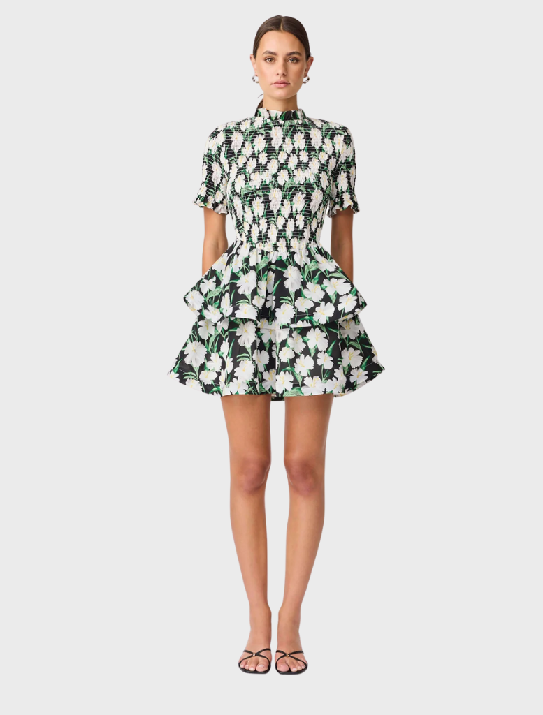 Floral short sleeve mini dress in shades of pink and green, featuring a fitted bodice and flared skirt.
