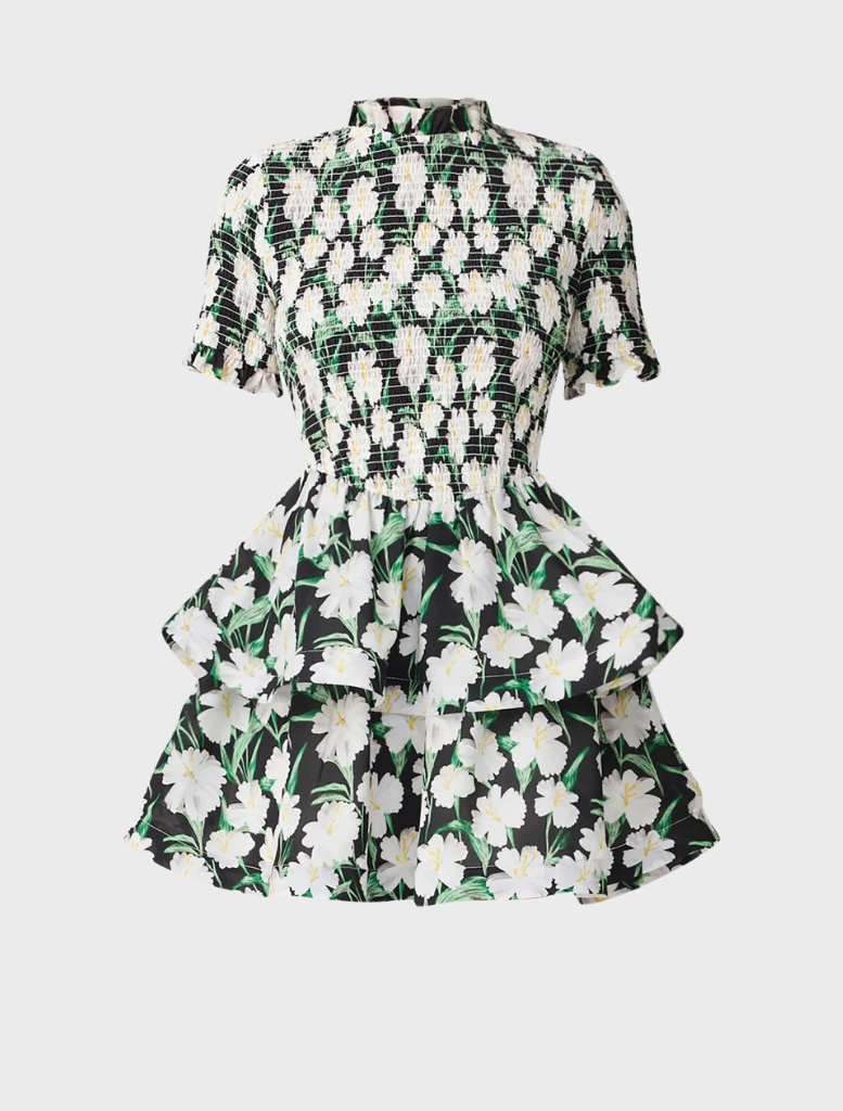 A floral mini dress featuring a vibrant rose design, short sleeves, and a playful silhouette ideal for warm weather.