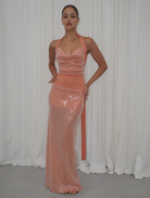 Elegant coral Rtw Lilou Dress, designed with a graceful silhouette, suitable for both casual and formal settings.