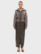 Chocolate marle wool knit cardigan, featuring a cozy design and open front for warmth and style.