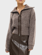 Chocolate marle knit cardigan made from ruby wool, offering a stylish and warm layering option for cooler weather.