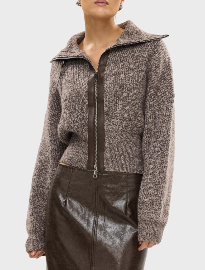 Chocolate marle knit cardigan made from ruby wool, offering a stylish and warm layering option for cooler weather.