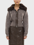 Chocolate marle wool knit cardigan, featuring a cozy design and open front for warmth and style.