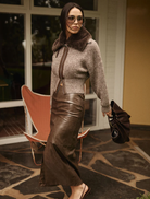 Soft ruby wool cardigan in chocolate marle, designed for comfort with an open front and relaxed fit.