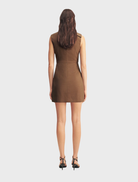 Asher Draped Mini Dress in Saddle, featuring a fashionable draped silhouette that enhances the wearer's figure.