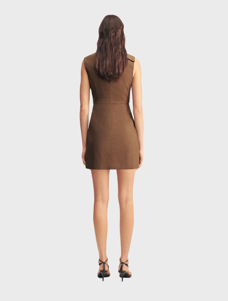 Asher Draped Mini Dress in Saddle, featuring a fashionable draped silhouette that enhances the wearer's figure.