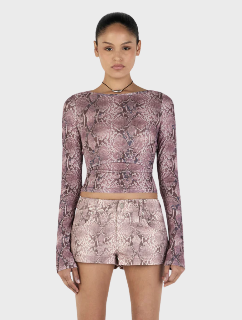 Sade long sleeve top in mauve with a snake print pattern, featuring a stylish and modern design for casual wear.