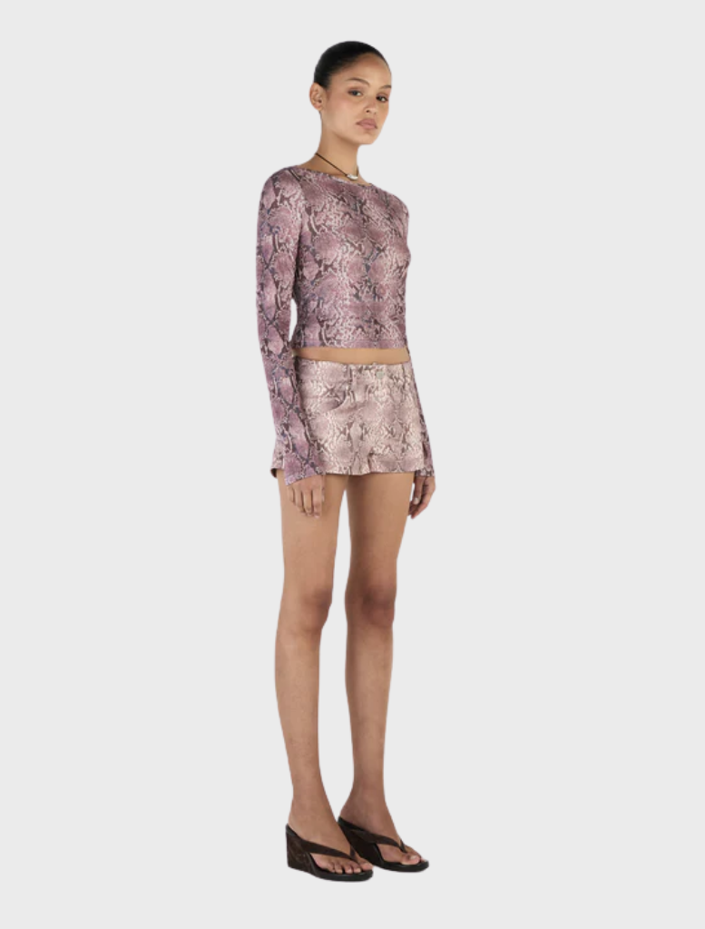 Elegant mauve snake print long sleeve top, suitable for both everyday wear and special events.