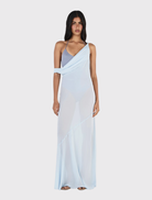 Full-length cornflower blue maxi dress with integrated bodysuit, adjustable straps, and deep scoop cowl neckline.