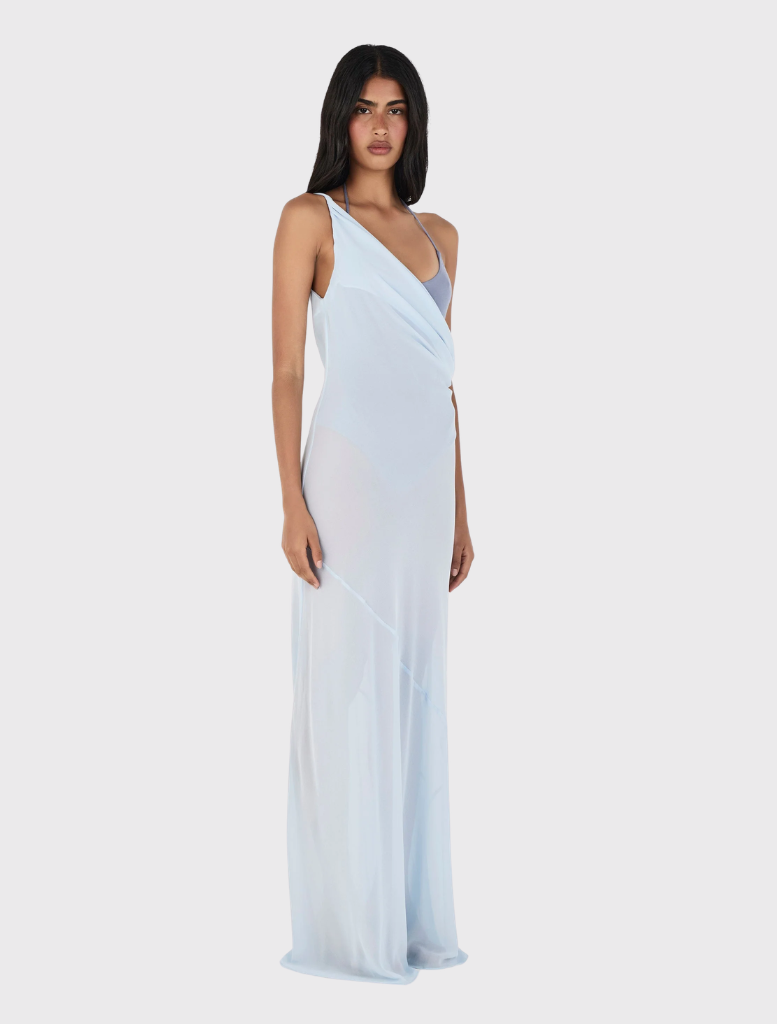 Elegant cornflower blue maxi dress with bodysuit, scoop back, and twist strap detail for a draped silhouette.