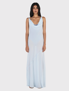 Cornflower blue Sandra Maxi Dress featuring adjustable halterneck, scoop low back, and twist shoulder strap detail.