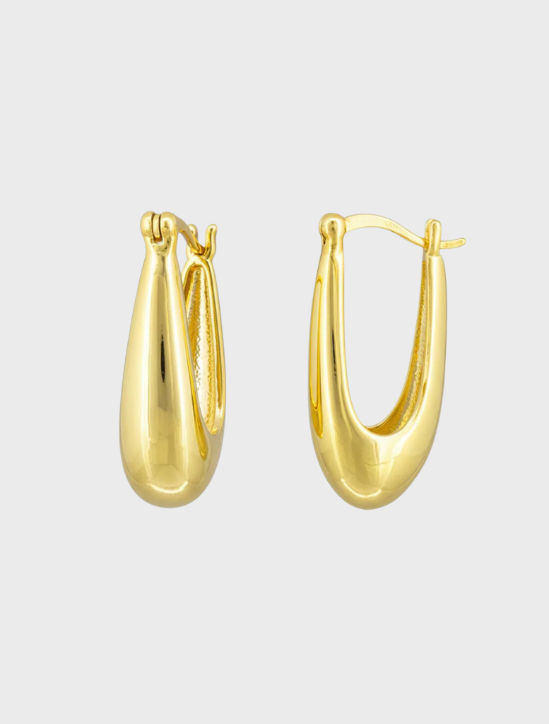 A pair of elegant gold hoop earrings displayed against a neutral background.