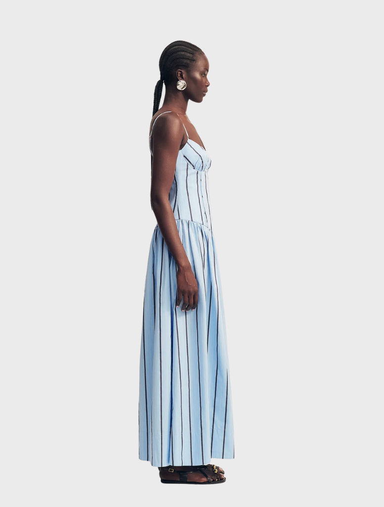 Chic Saxon panelled bustier maxi dress in a vibrant bather stripe, perfect for summer gatherings and special occasions.