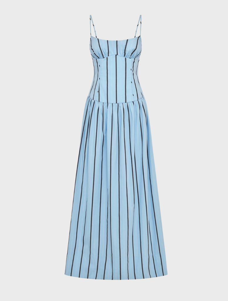 Chic Saxon panelled bustier maxi dress with a vibrant bather stripe pattern, suitable for casual or formal outings.