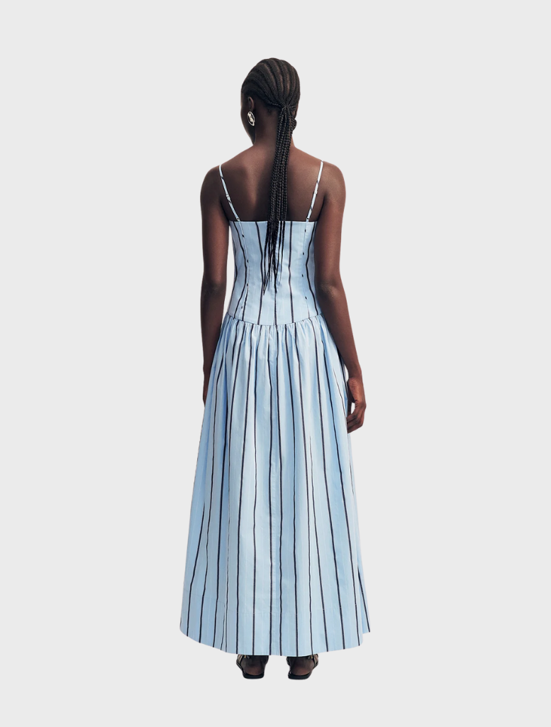 Saxon panelled bustier maxi dress featuring a stylish bather stripe pattern, perfect for summer occasions.