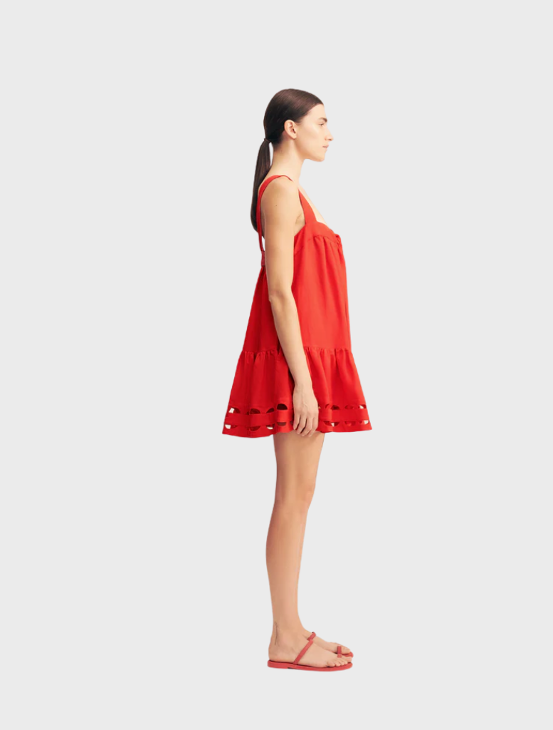 Elegant red rose mini dress with scalloped tiers, ideal for a chic and playful outfit.