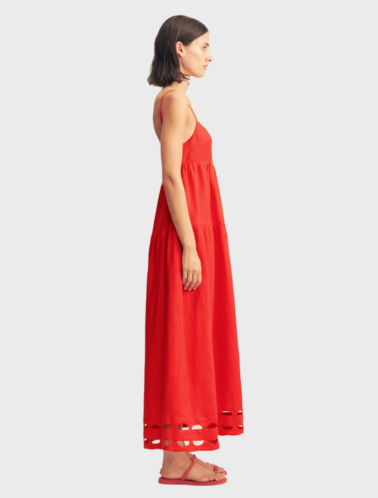 Beautiful red rose midi dress with tiered scallop design, suitable for formal occasions and stylish summer wear.