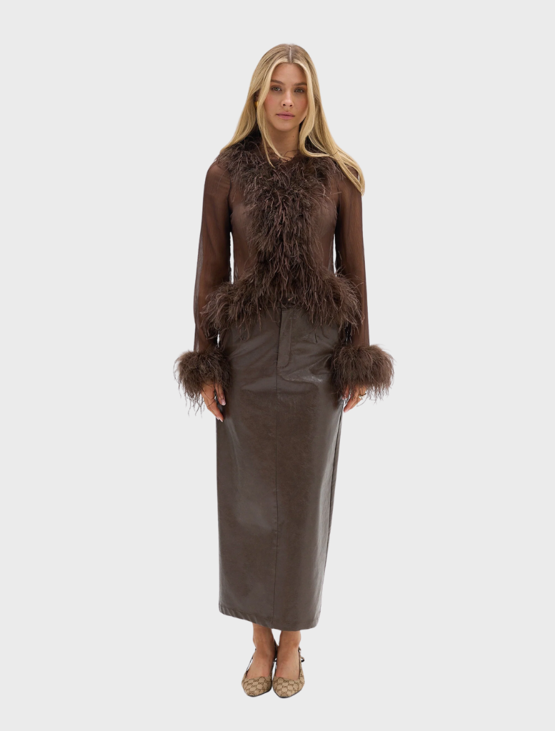 Chocolate-colored sheer blouse with feather embellishments, offering a stylish and lightweight option for formal or casual wear.