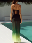Pine ombre Brandy Sheer Low Waist Maxi Skirt, showcasing a soft gradient and elegant, airy style for a chic look.