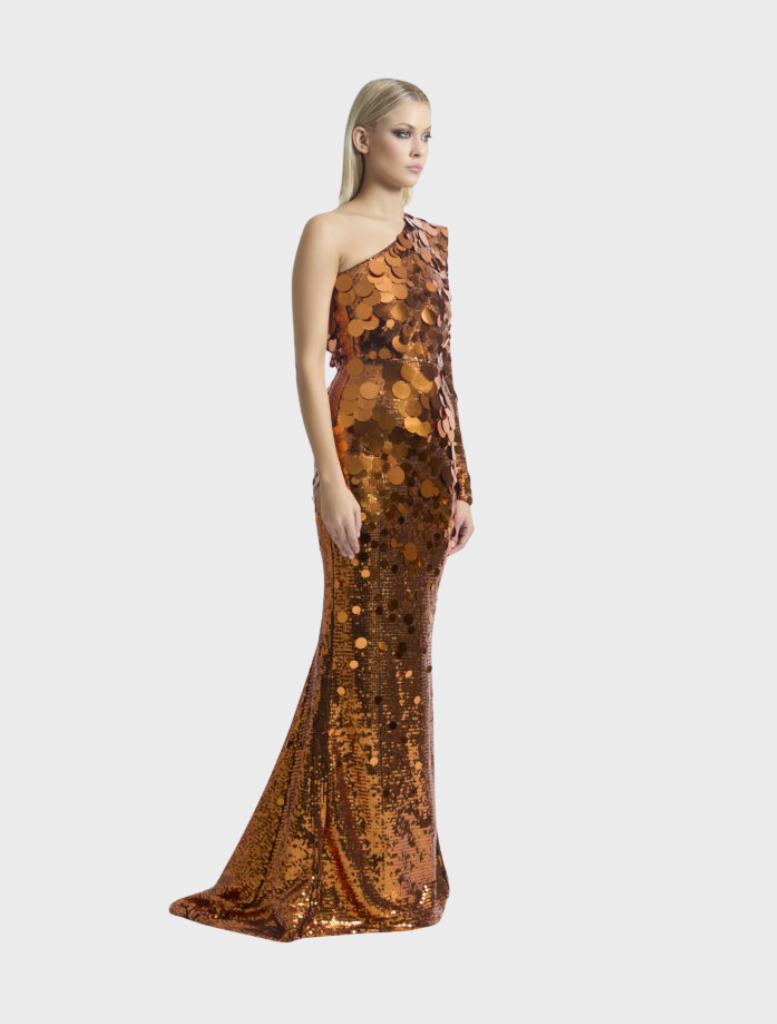 Vibrant orange gown with a prism-like shimmer, offering a stylish and eye-catching look for formal wear.