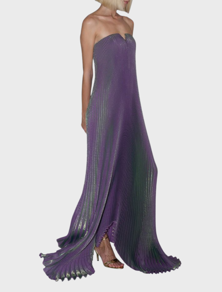 Black tie gown with a strapless neckline and V detail, offering a billowing silhouette for stylish evening wear.
