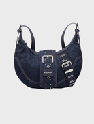 Dark blue denim shoulder bag with a stylish design, perfect for casual outings and everyday use.