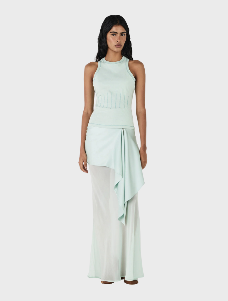 Seafoam silk skirt from Vesper, characterized by its smooth texture and stylish cut, ideal for both day and evening wear.