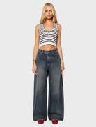 White and blue striped cropped top displayed.