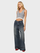 A cropped top showcasing stripes in white and blue.