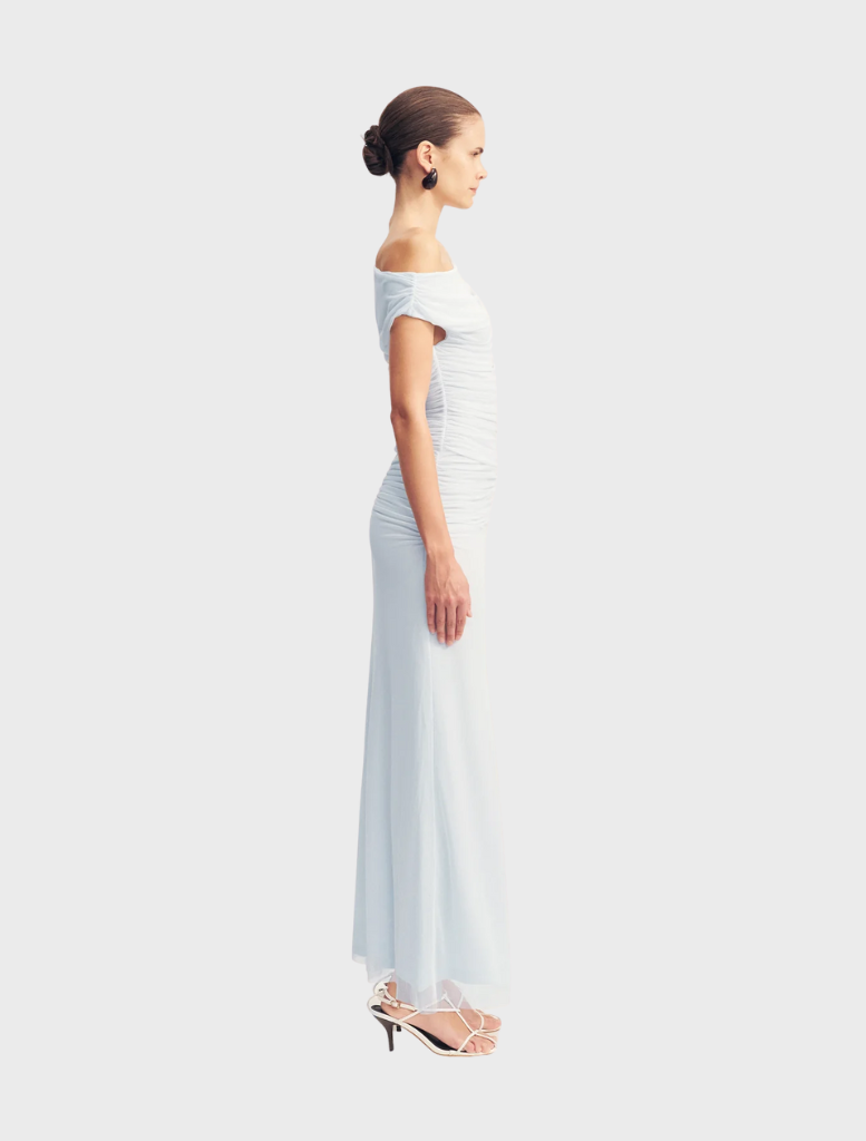 Flowing off-shoulder maxi dress in sky blue, designed for comfort and style during summer celebrations.
