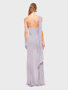 Slate beaded cowl neck gown, showcasing a graceful silhouette ideal for special events and formal gatherings.