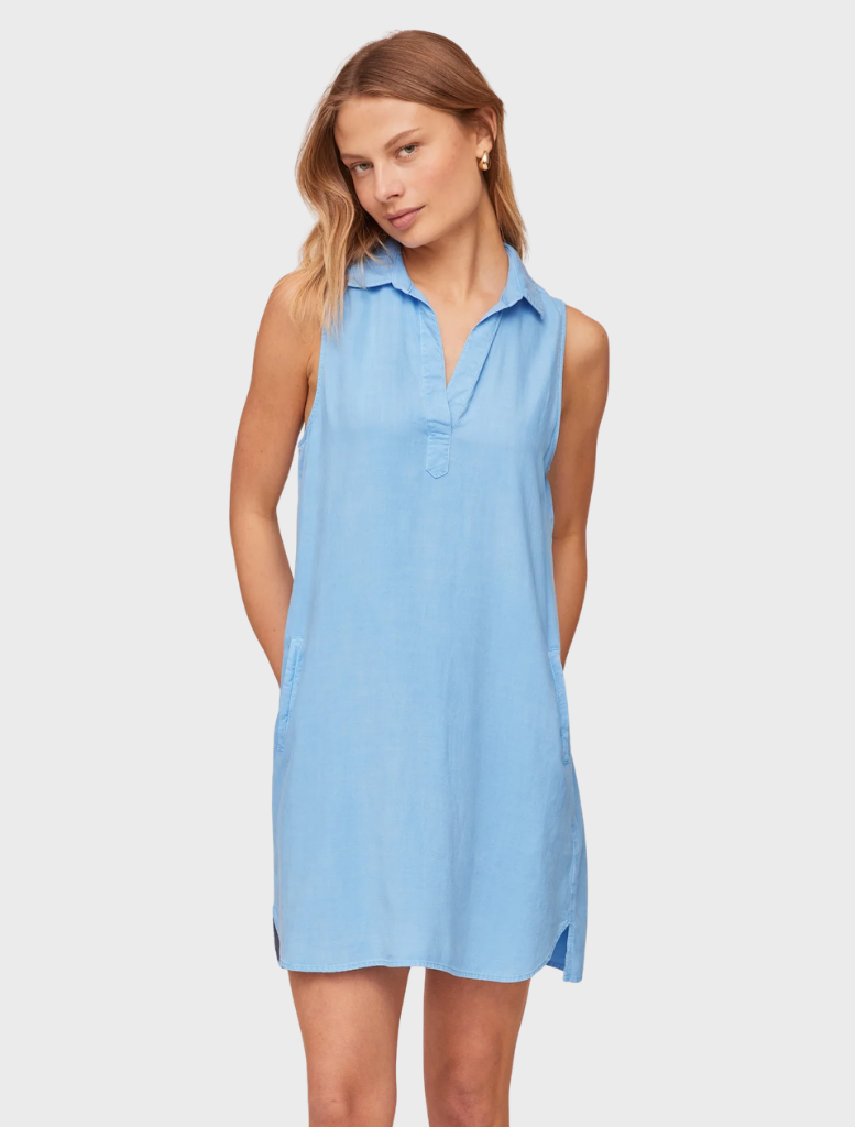 Sleeveless A-line dress in tidal blue, featuring a flowing silhouette and elegant design suitable for various occasions.