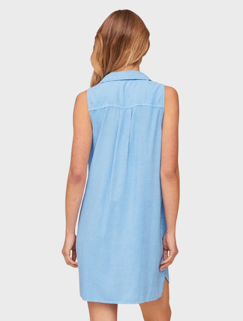 Tidal blue sleeveless A-line dress, designed for comfort and style, perfect for summer events or casual outings.
