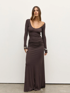 Smoke-colored Auri Maxi Dress, showcasing a long, elegant design perfect for formal or casual events.