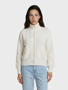 Snow-colored Felix cashmere bomber jacket with a zip front, offering warmth and elegance for cold weather fashion.
