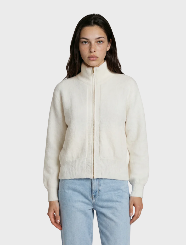 Snow-colored Felix cashmere bomber jacket with a zip front, offering warmth and elegance for cold weather fashion.