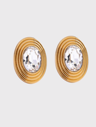 Gold SOHO studs with crystal centers, featuring 18k gold-plated detailing and omega backing for pierced ears.