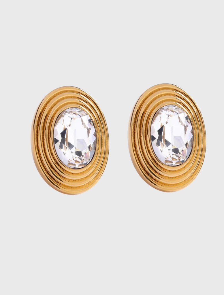 Gold SOHO studs with crystal centers, featuring 18k gold-plated detailing and omega backing for pierced ears.
