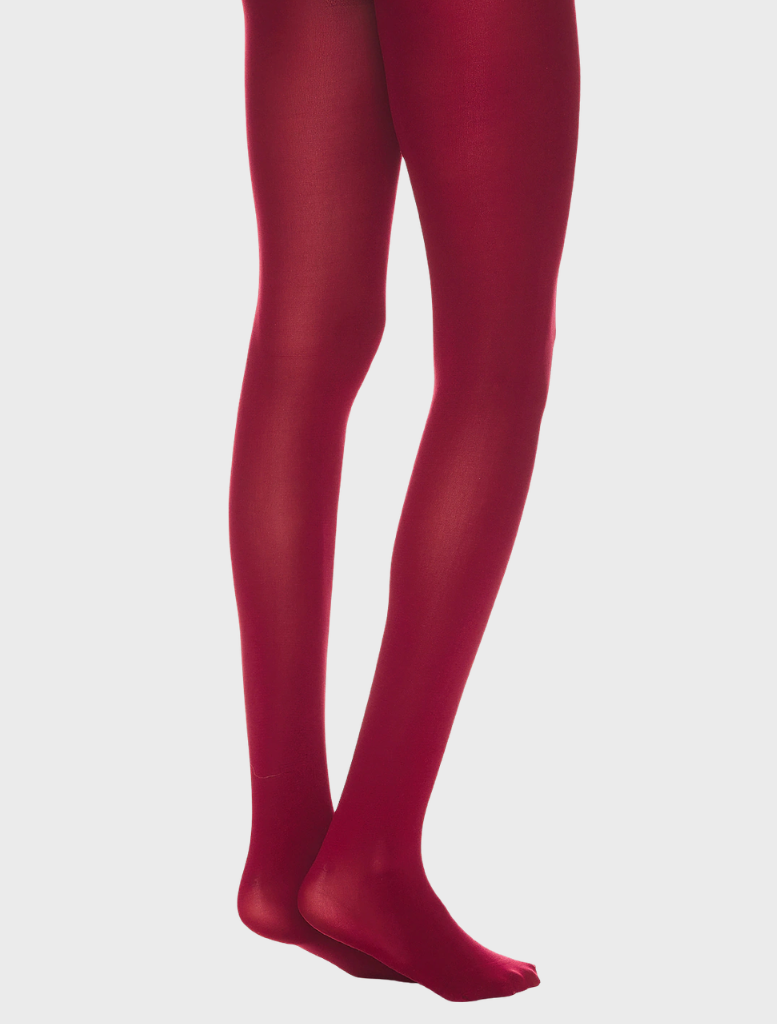 Close-up of burgundy solid tights, emphasizing the fabric's color and seamless appearance.