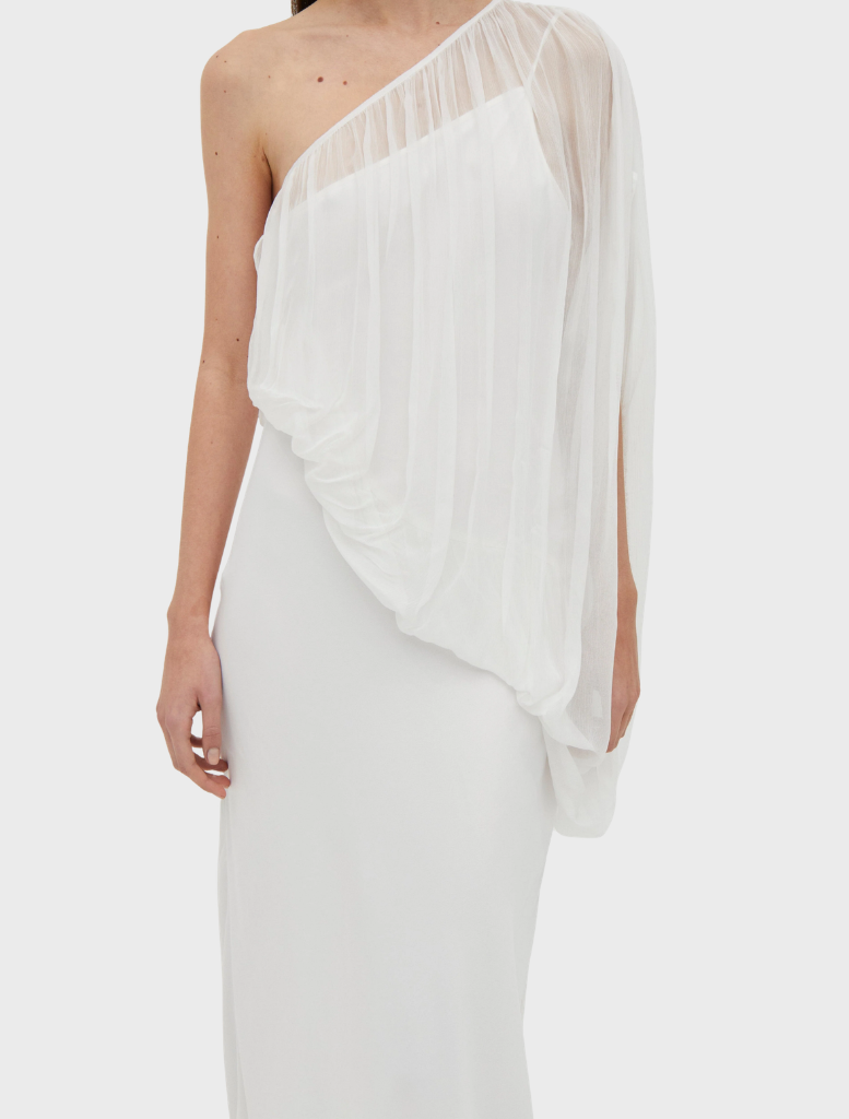 Chic one-shoulder floor-length dress in a light cloud shade, ideal for evening events and sophisticated occasions.