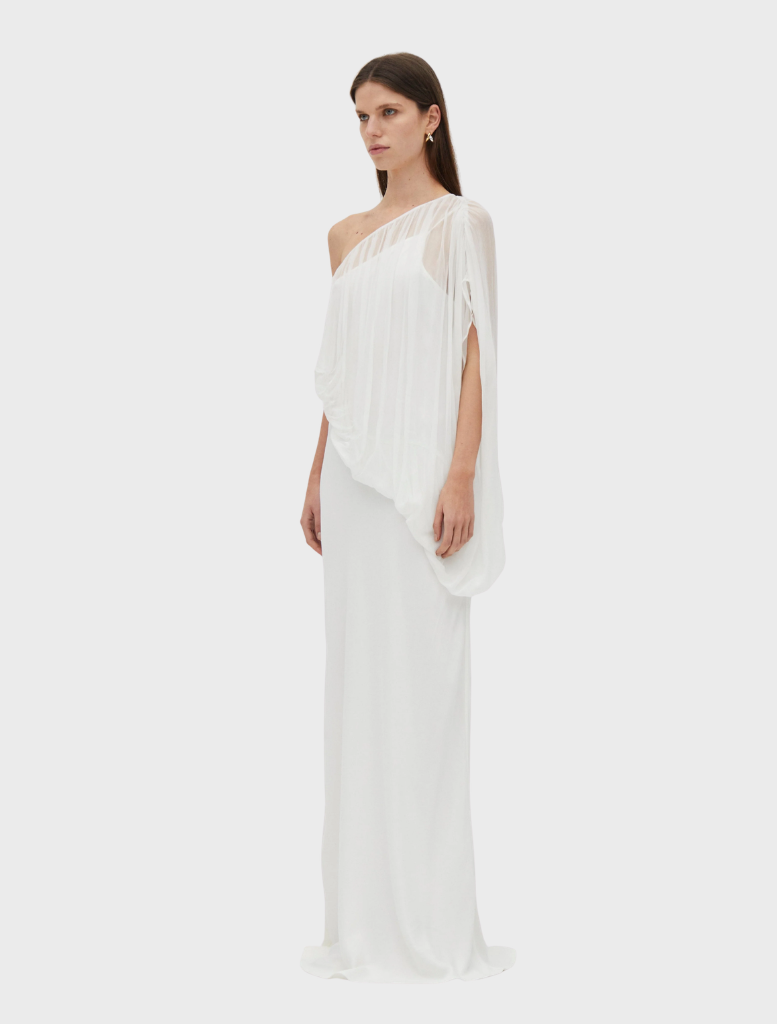 Sophisticated one-shoulder floor-length dress in a gentle cloud tone, suitable for upscale events and celebrations.