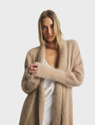 Sophisticated latte-hued Sophia Open Cashmere Cardigan, showcasing a lightweight design ideal for stylish layering.