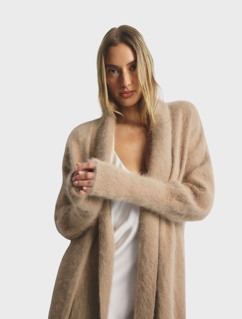 Sophisticated latte-hued Sophia Open Cashmere Cardigan, showcasing a lightweight design ideal for stylish layering.