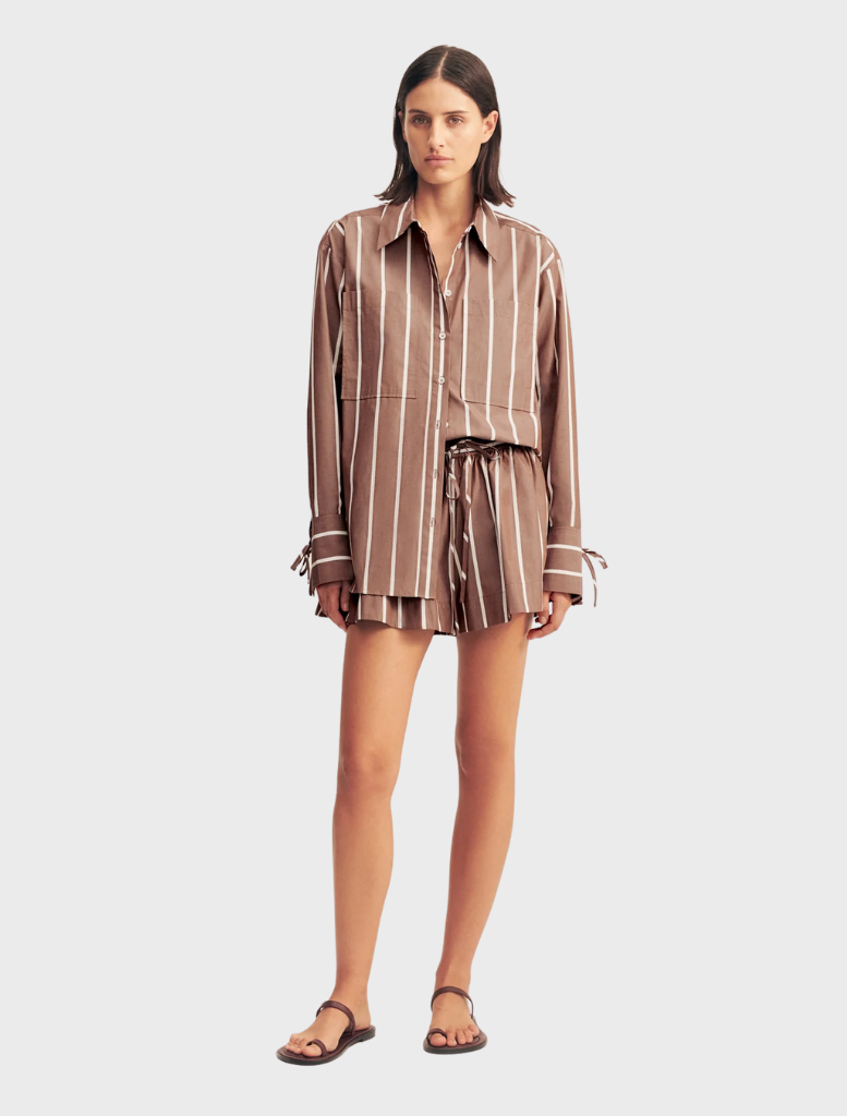 Spencer shirt in a soft cafe au lait hue, designed for comfort and elegance in both casual and formal settings.