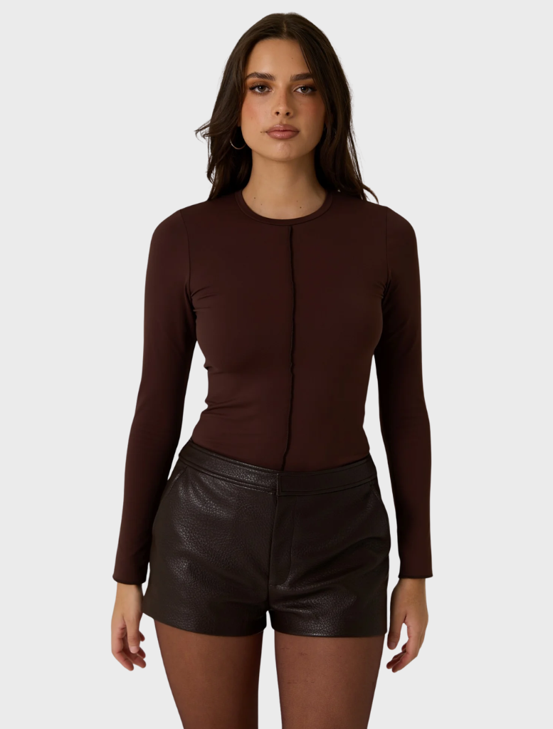 Dark truffle vegan leather shorts featuring a contemporary cut, ideal for eco-conscious fashion enthusiasts.